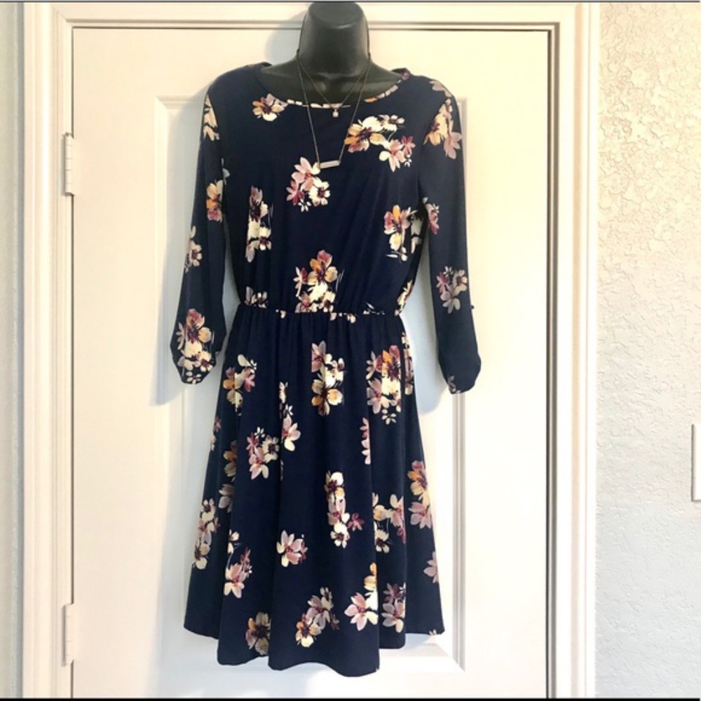 French Grey Navy Blue Floral Dress (Stitch Fix)